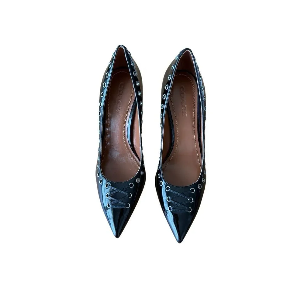 Coach Womens Black Patent Leather Grommet Eyelet Varick Pumps Size 10